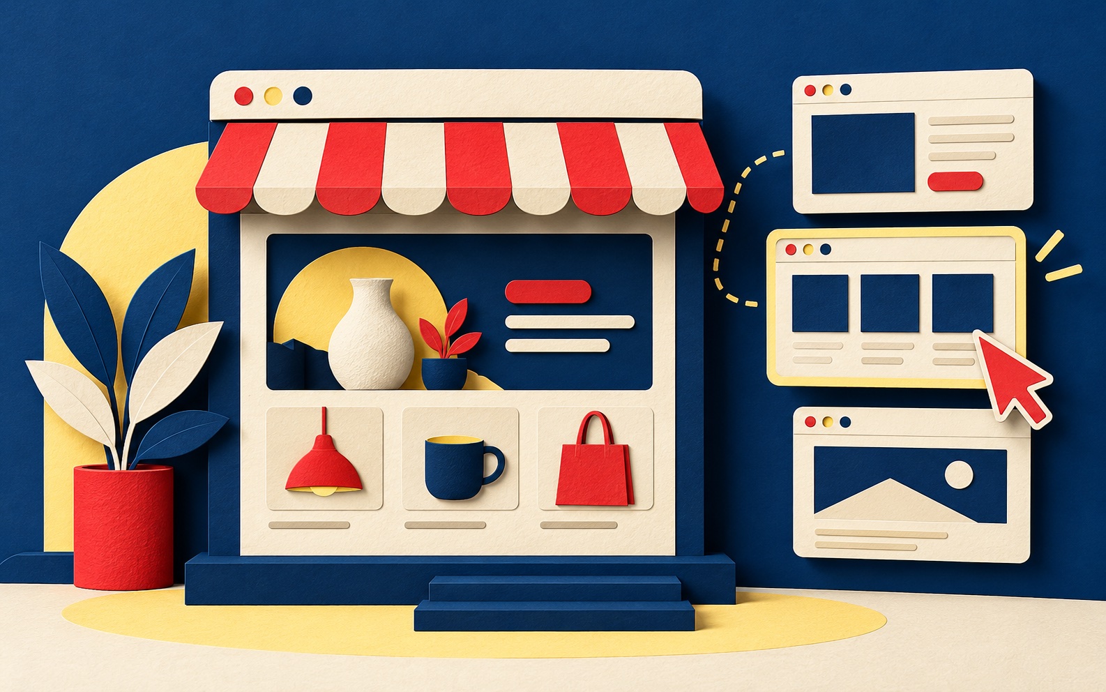 Paper-cut storefront website assembled from browser layouts and modular page blocks