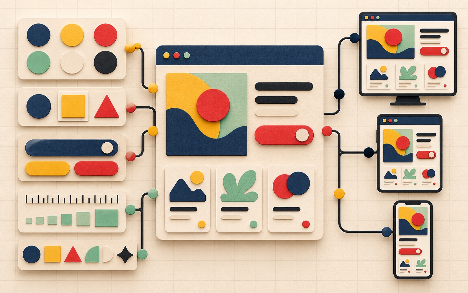 Paper-cut collection of reusable interface components arranged as a connected design system