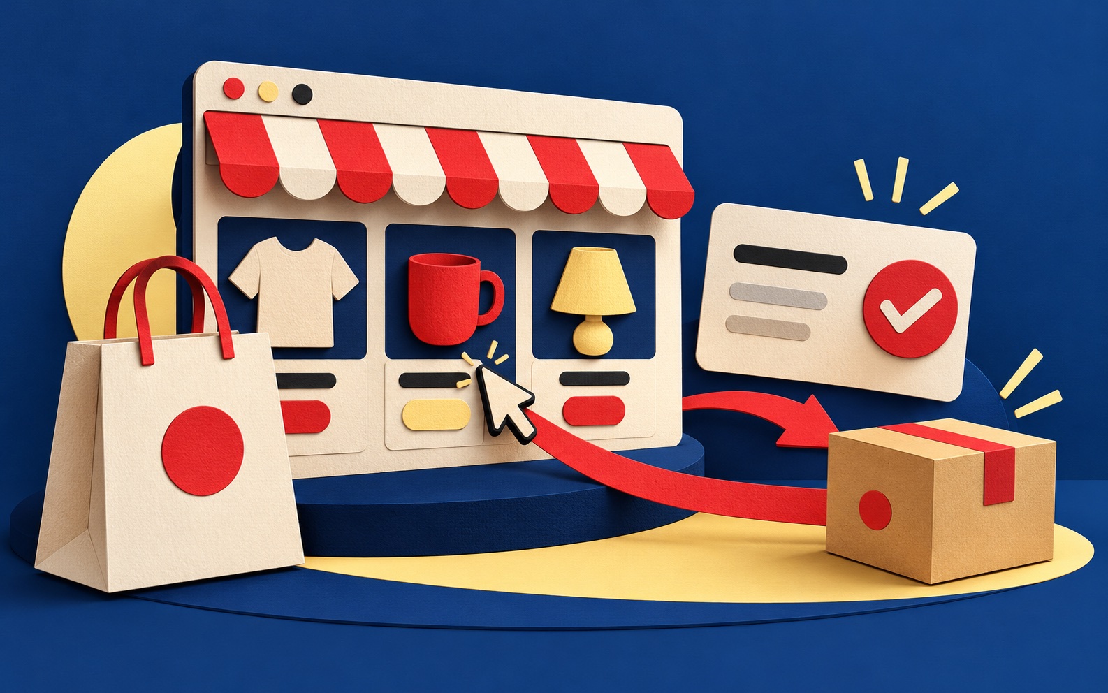 Paper-cut online storefront with shopping bag, parcel, checkout card, and order confirmation