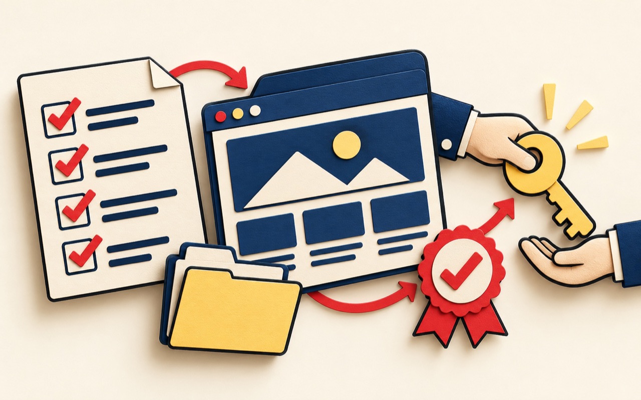 Paper-cut project checklist, browser, approval seal, and key representing website handover