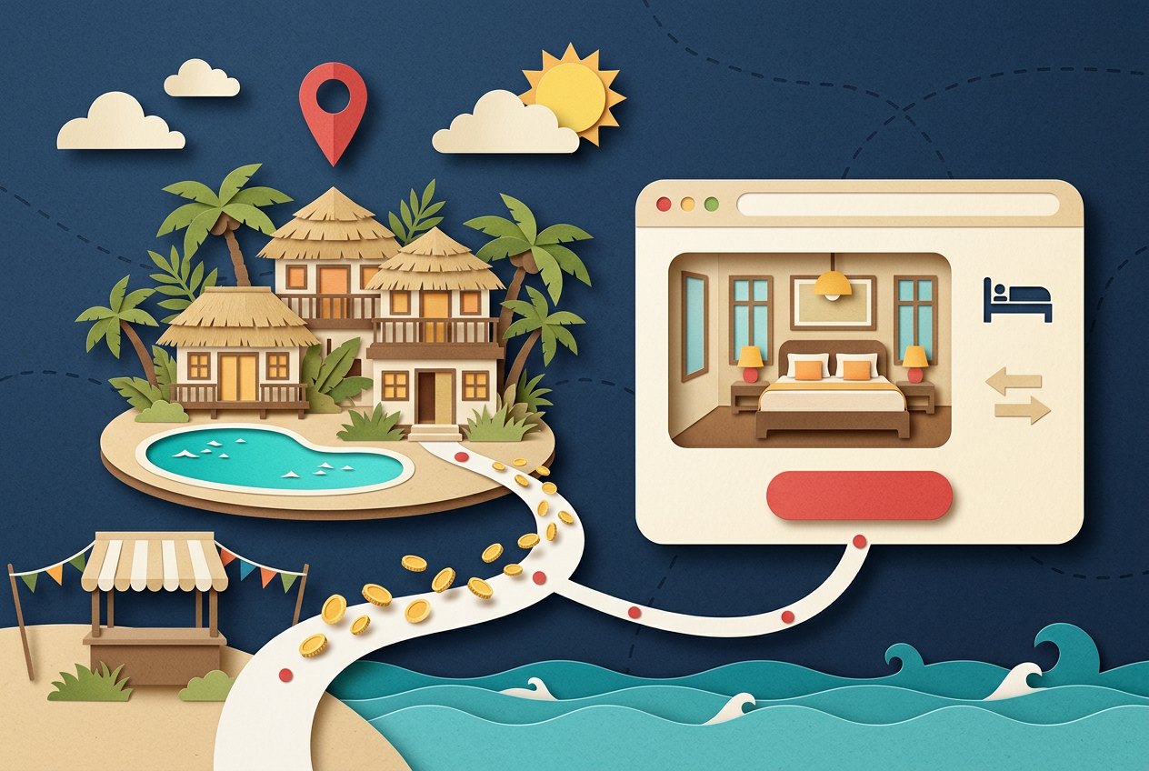 Paper-cut tropical hotel with a pool, linked by a path of gold coins to a hotel booking page in a browser window