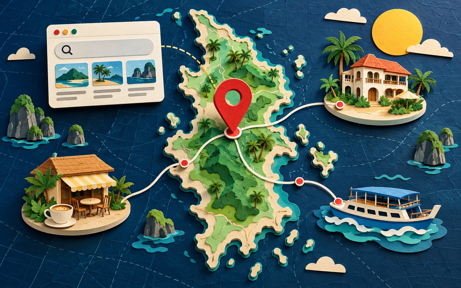 Paper-cut map of Phuket connected to a hotel, cafe, tour boat and local search result