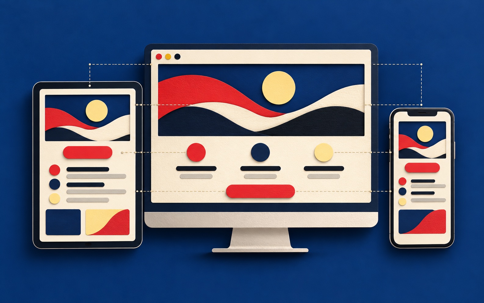 Paper-cut desktop, tablet, and phone showing website layouts adapted to different screen sizes