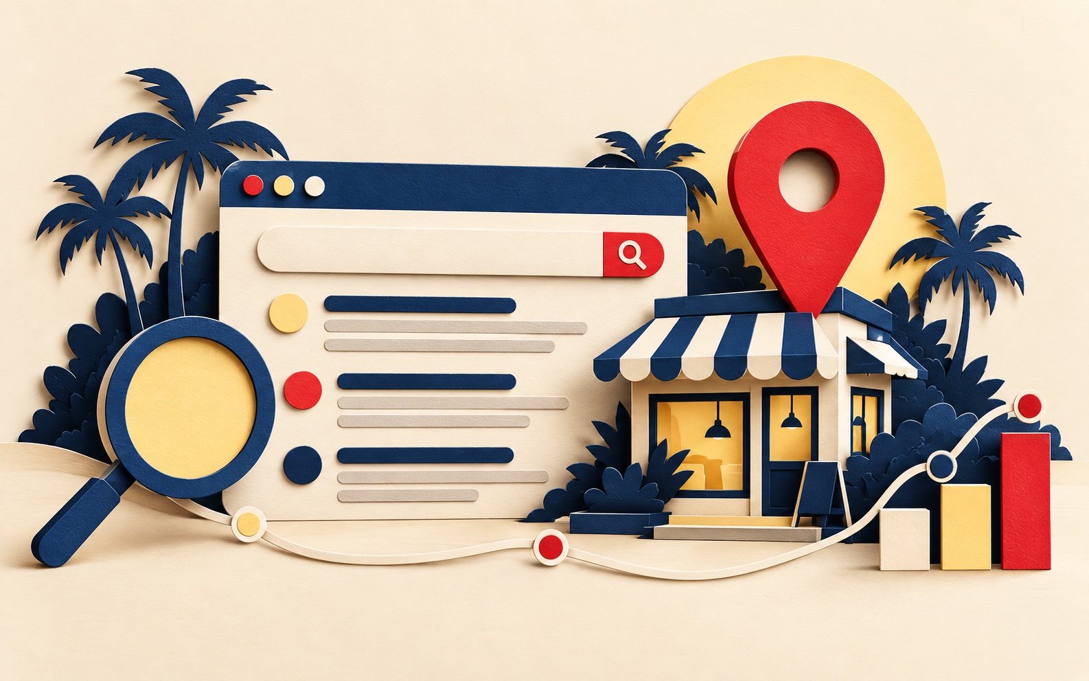 Paper-cut search window, local shop, location pin, and analytics bars illustrating SEO services in Phuket