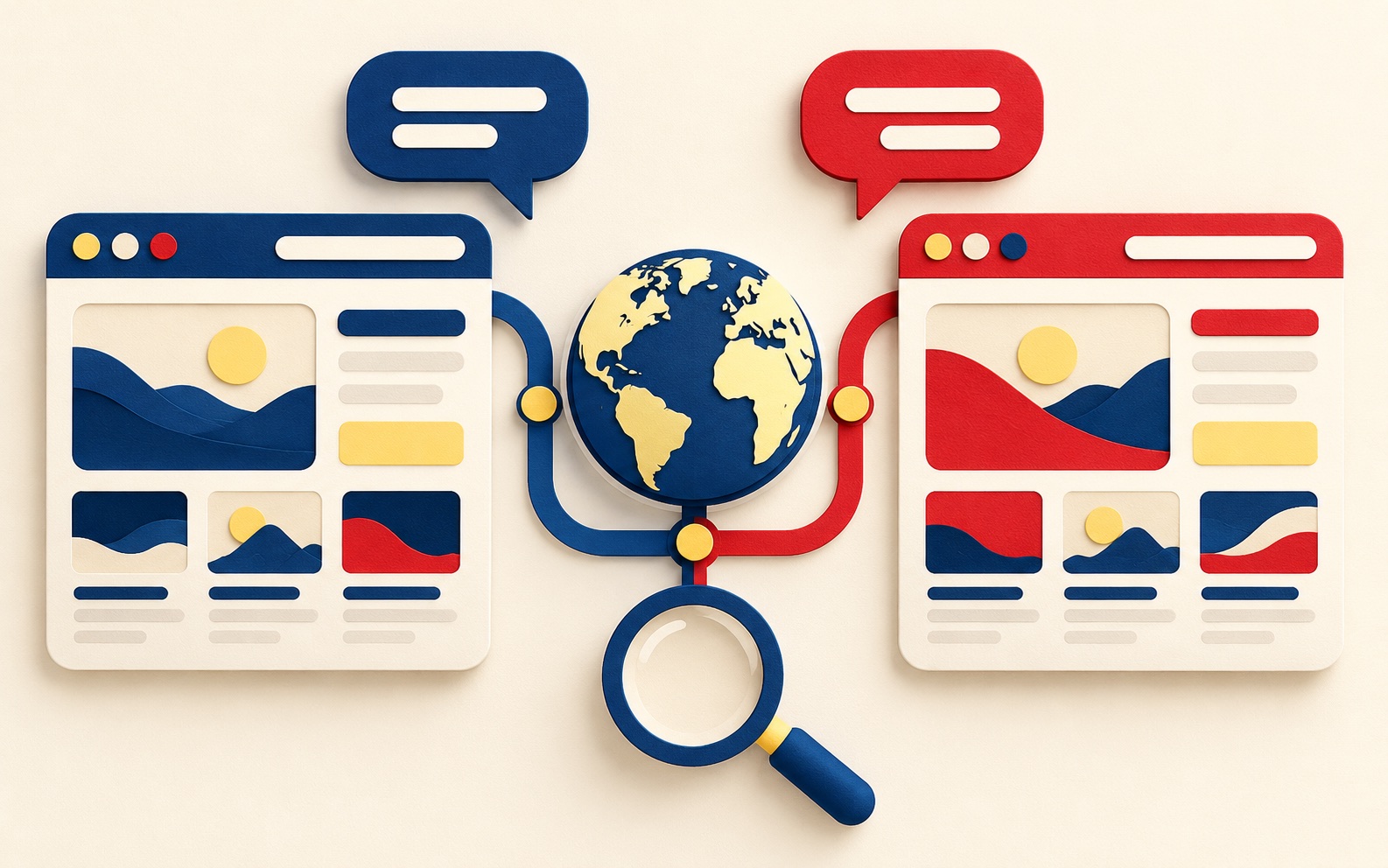 Paper-cut browser pages connected through a globe and two speech bubbles representing a bilingual website