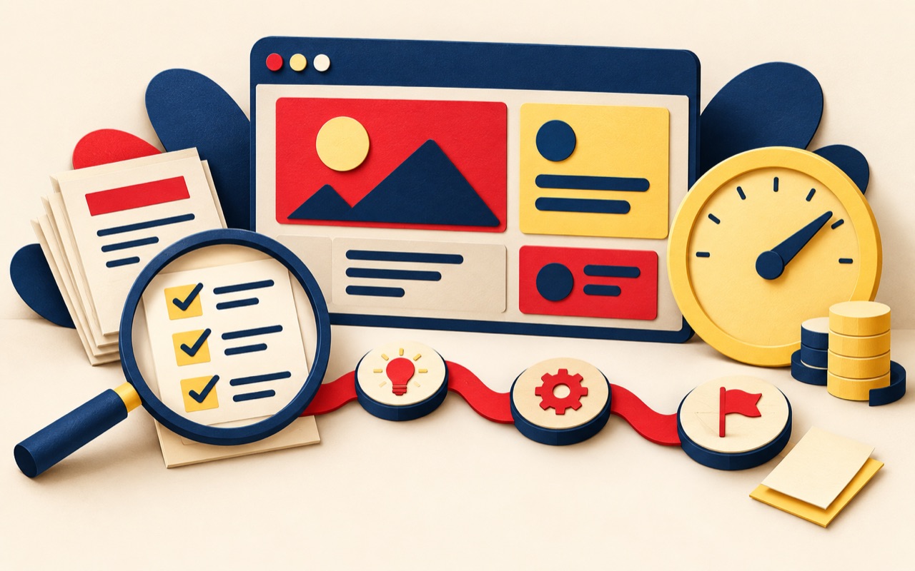 Paper-cut website, project milestones, proposal sheets, and magnifying glass illustrating agency budget planning