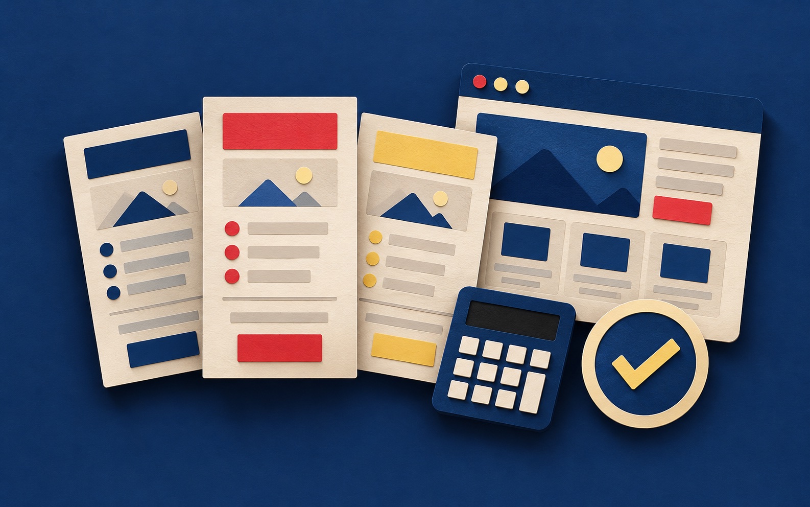Paper-cut website proposals, browser layout, calculator, and check seal illustrating quote comparison