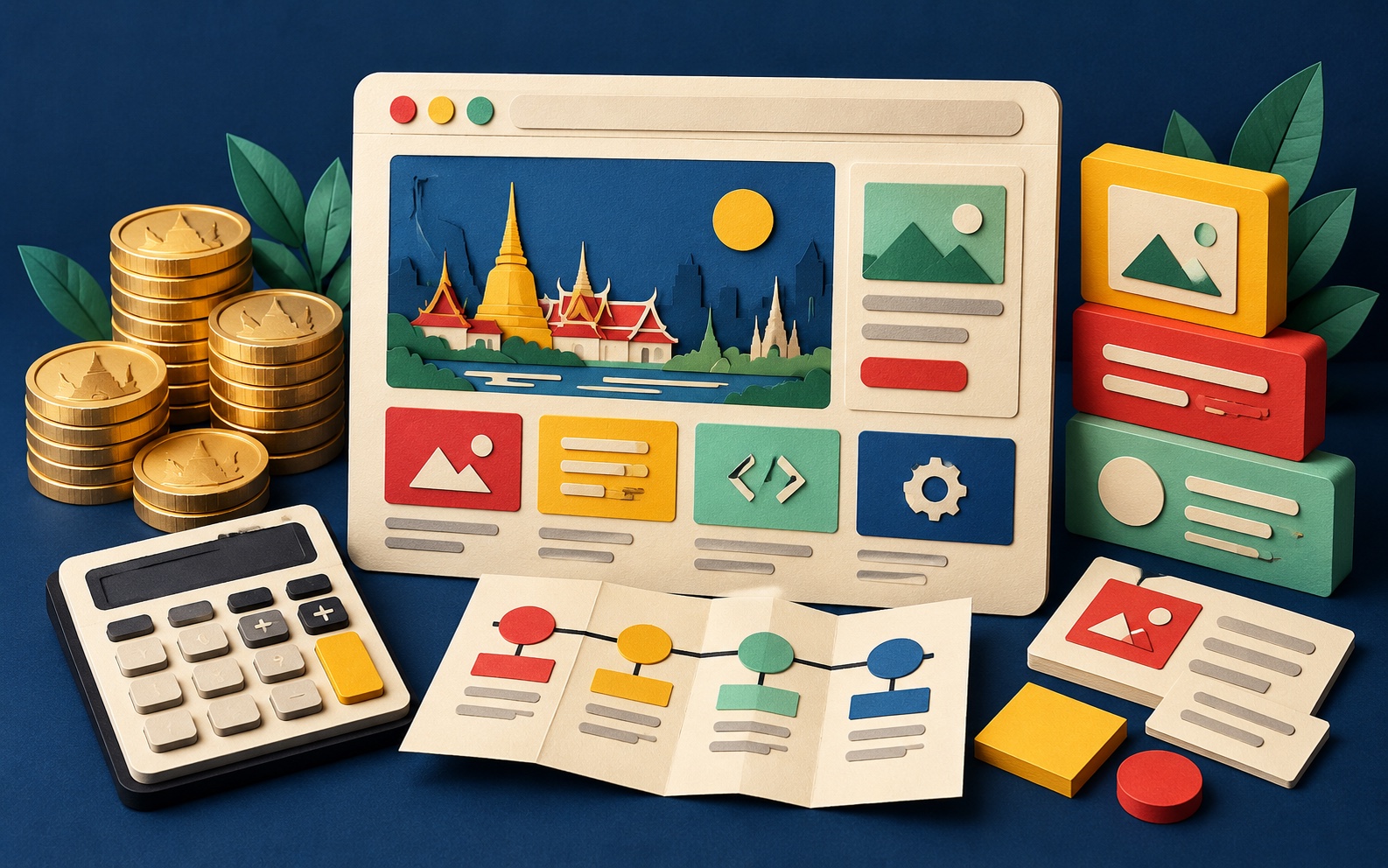 Paper-cut browser, Thai baht coins, calculator and project plan representing website costs in Thailand