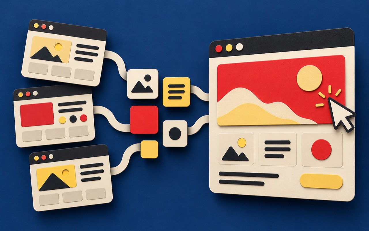 Paper-cut website layout cards and modular blocks forming a custom browser design