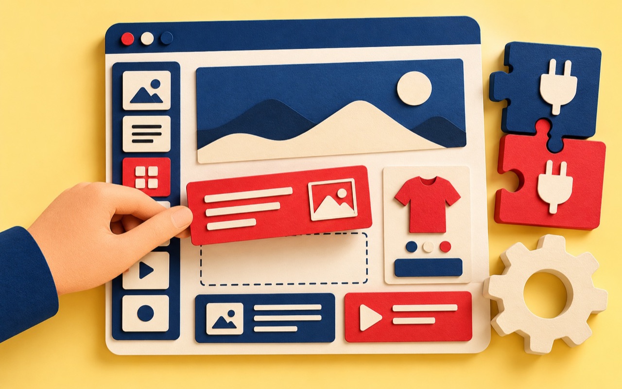 Paper-cut visual website editor with content blocks, plugin shapes, and a product tile
